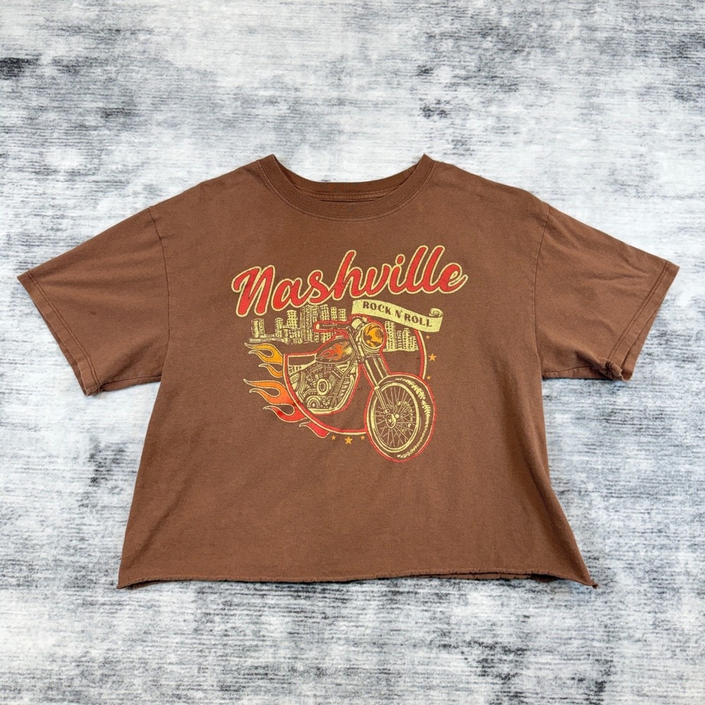 Cold Crush Nashville Rock N Roll Motorcycle Graphic Cropped Tee Brown Large‎